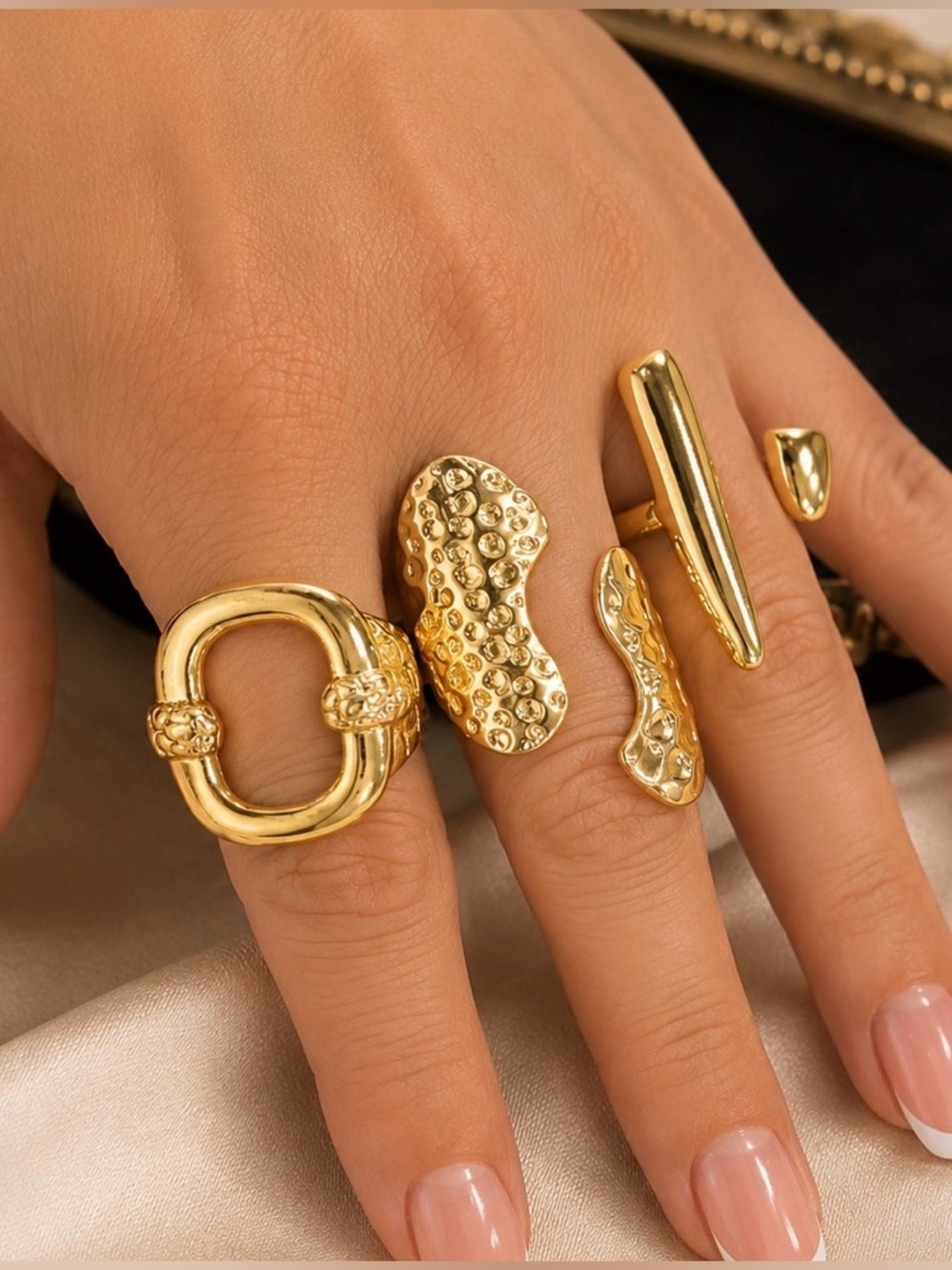 Gold Sculptural Statement Ring Set | Modern Adjustable Open Rings
